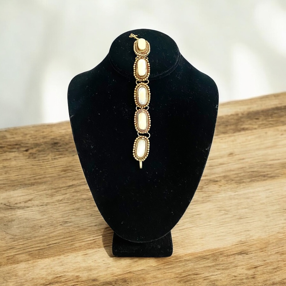 Vintage Elegant Brass & Natural Stone Mother of Pearl Bracelet size 7"
